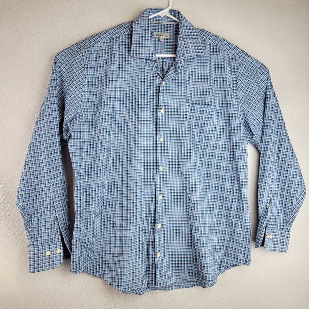 Peter Millar Mens Size XL Blue Checkered Cotton Blend Long Sleeve Button Down Sh